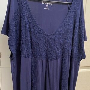 Roamans Lace Front Big Shirt Fit Flare Tunic High Low Drop Tail Navy Blue 26/28